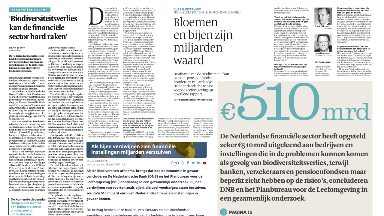 Printscreens FD en Volkskrant (18 juni 2020): de Nederlandse financiële sector heeft €510 miljard uitgeleend aan bedrijven die in problemen kunnen komen door biodiversiteitsverlies (DNB/PBL).
