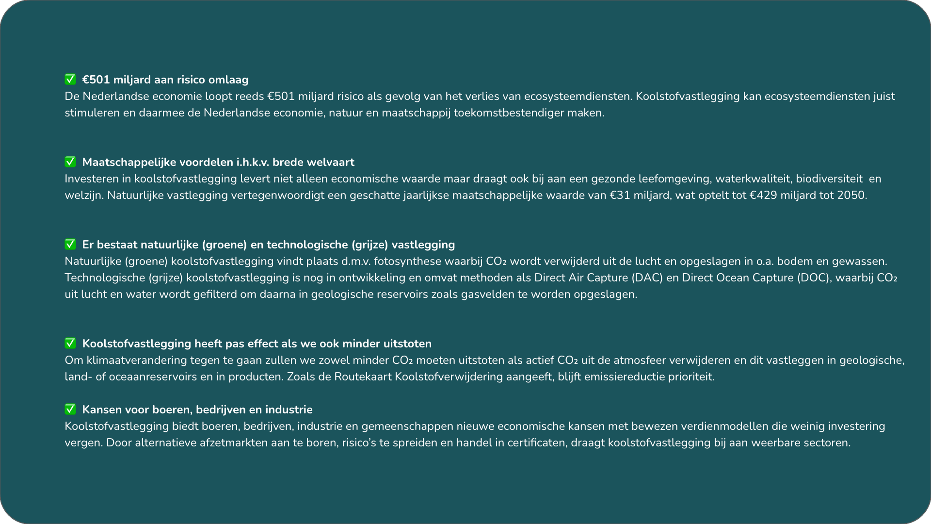 Koolstofvastlegging in het kort — infographic met methoden en principes